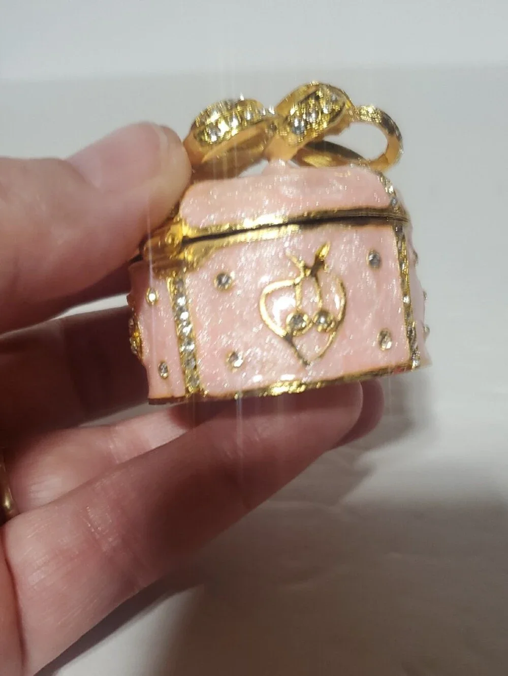 Pink Enamel Trinket Box with Gold Bow Accent
